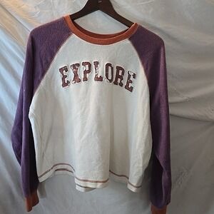 Cleo & Wolf Women's "Explore" Long Sleeve‎ Terry Sweatshirt Distressed Cropped L